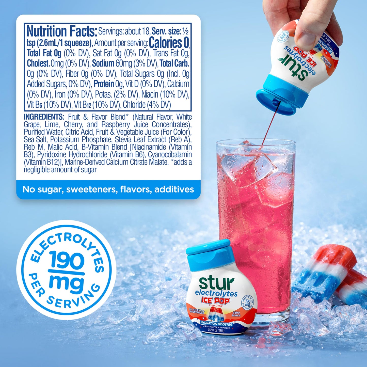 Stur Ice Pop Hydration Booster with Electrolytes, Zero Sugar Liquid Water Enhancer, 1.62 fl oz bottle (Pack of 5)