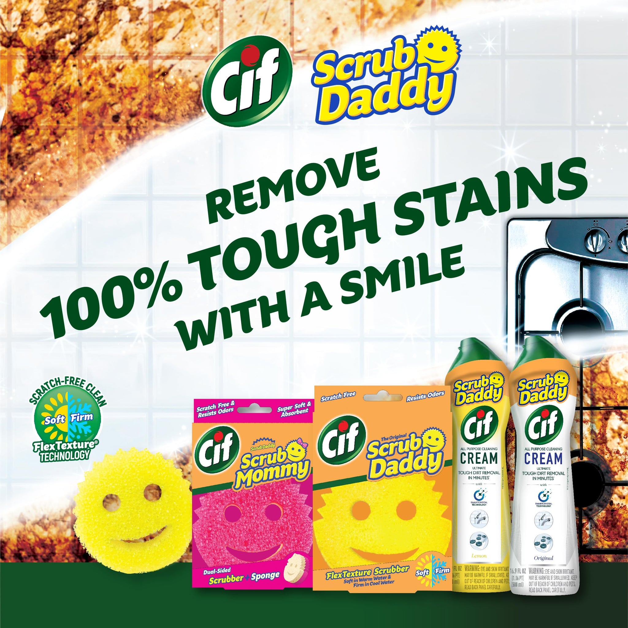 Scrub Daddy Sponges & Cif All Purpose Cleaner, Lemon - Non Scratch Sponges for Kitchen + Bathroom - Scrubber and Multipurpose Cleaner Cream - Cleaning