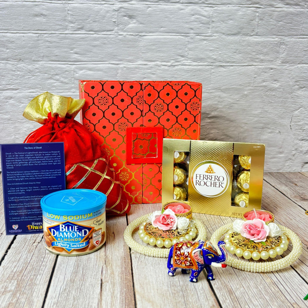 LoveNspire Diwali Gift Hamper Indian Festival Premium Deepawali Return Gift Box with Potli Bag Ganesha Statue Pearl Candle Holder Chocolates