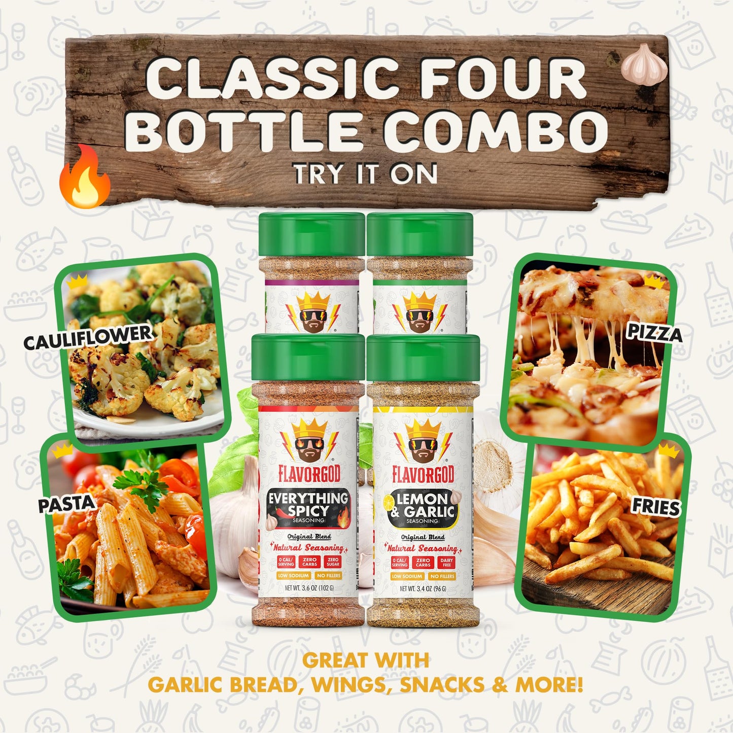 Flavor God Classic Combo Pack Of 4 Seasoning & Spices for Cooking, Everything, Everything Spicy, Garlic Lovers, Lemon & Garlic, Low Sodium, Healthy
