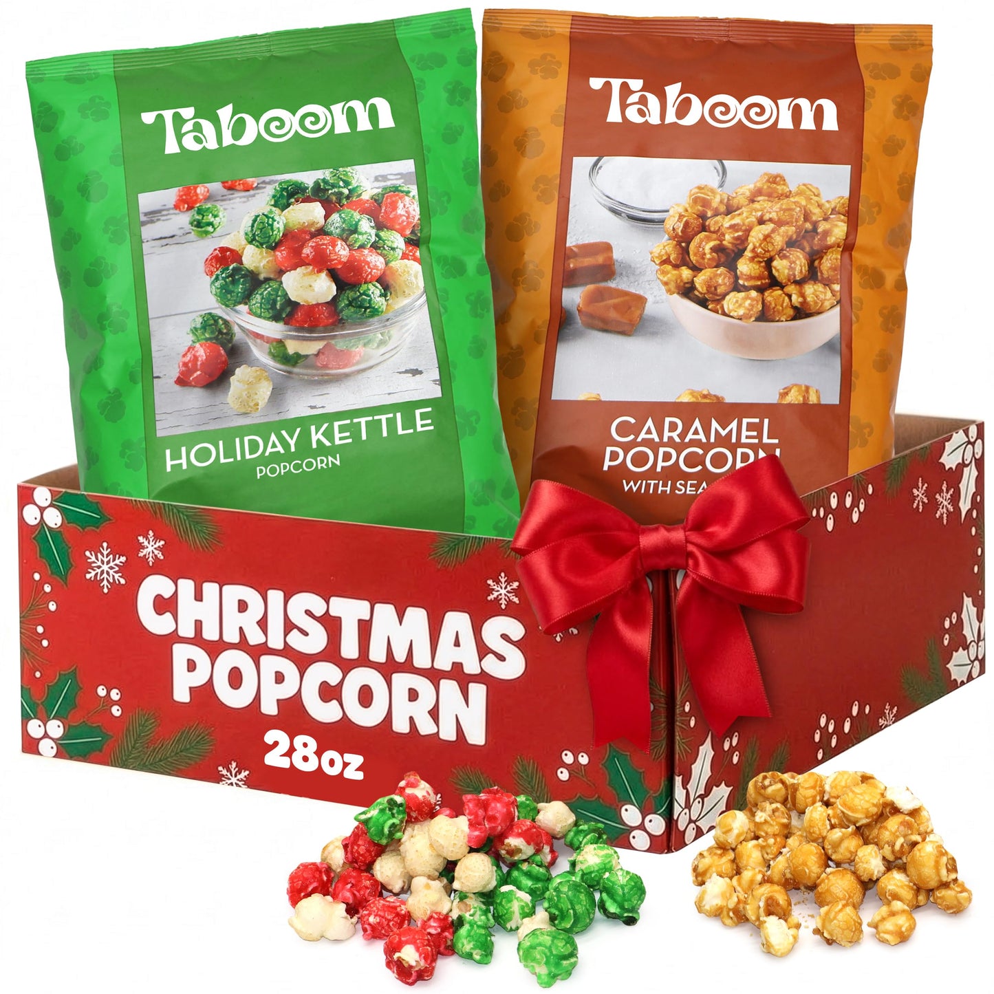 Bulk Gourmet Kettle Popcorn Candy Coated & Caramel with Sea Salt Christmas Gift Box - 2 Bag Holiday Popcorn Variety Pack (28 oz Total) Sweet & Salty