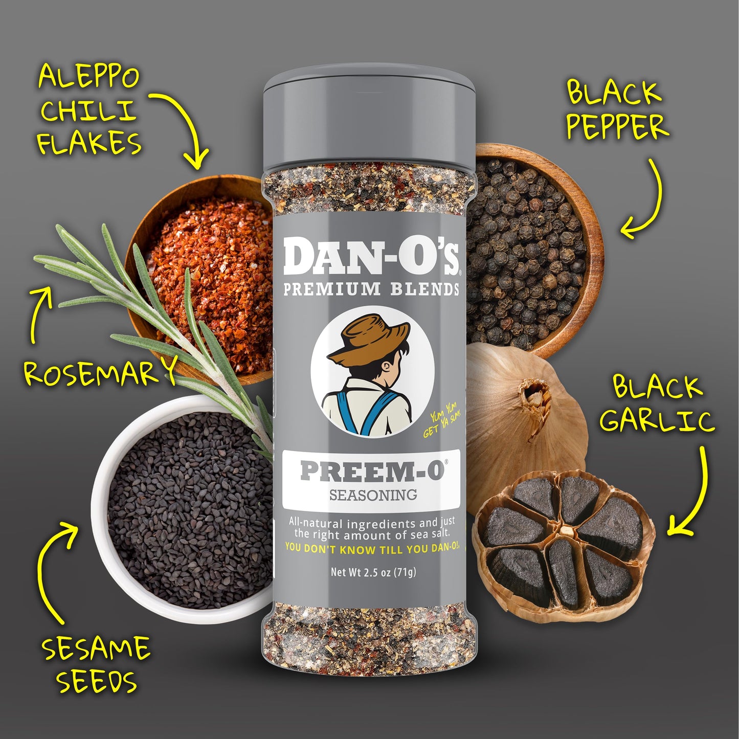 Dan-O's Preem-O Seasoning, 2.5 oz Bottle, Meat Seasoning for Steak, Ribs, Chicken, Brisket and More, Sugar Free, Zero Calorie, Use this Spice Blend