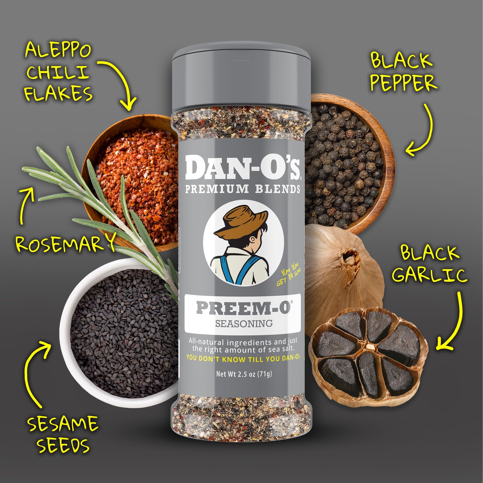 Dan-O's Preem-O Seasoning, 2.5 oz Bottle, Meat Seasoning for Steak, Ribs, Chicken, Brisket and More, Sugar Free, Zero Calorie, Use this Spice Blend