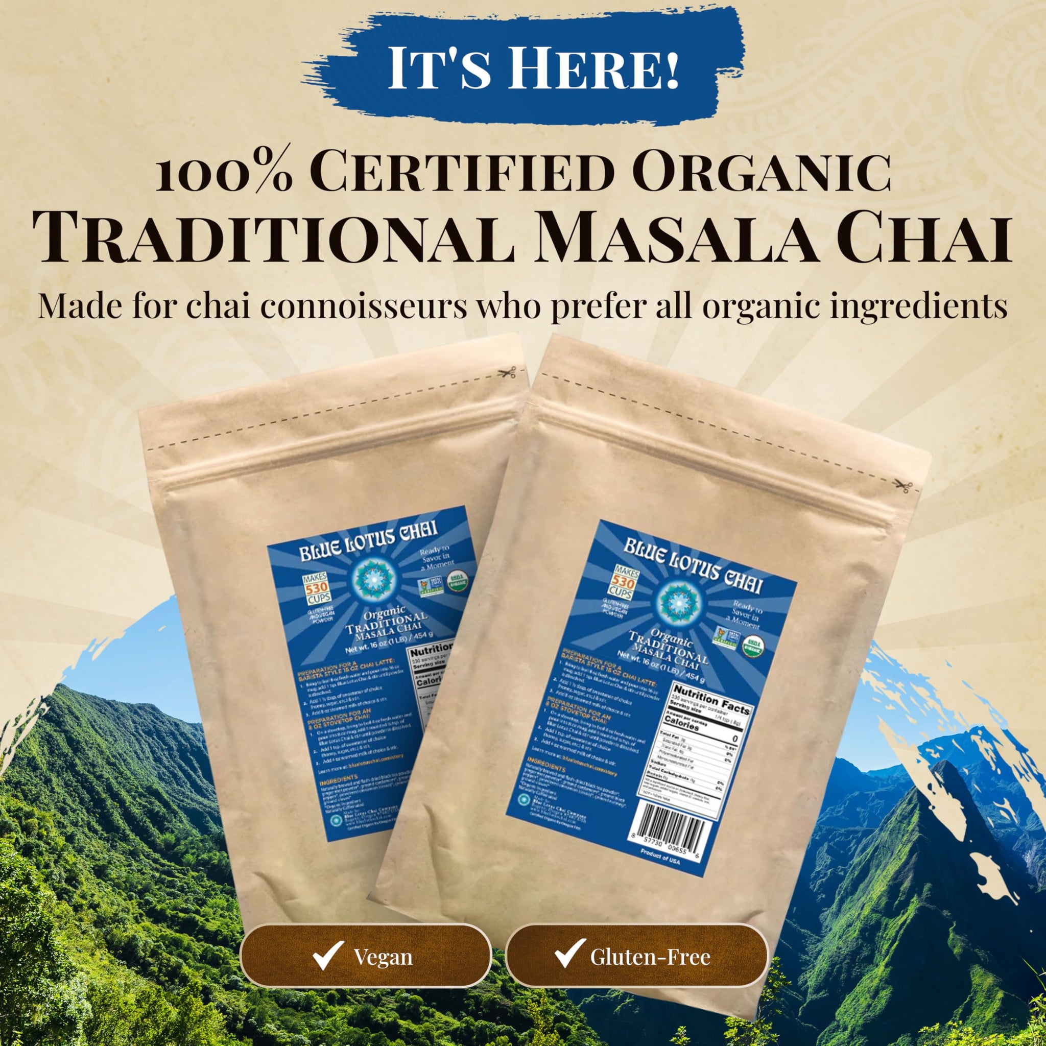 Blue Lotus Chai - Fully Organic Traditional Masala Chai - Makes 530 Cups - 1 Pound Bulk Bag Masala Spiced Chai Powder with Organic Spices - Instant