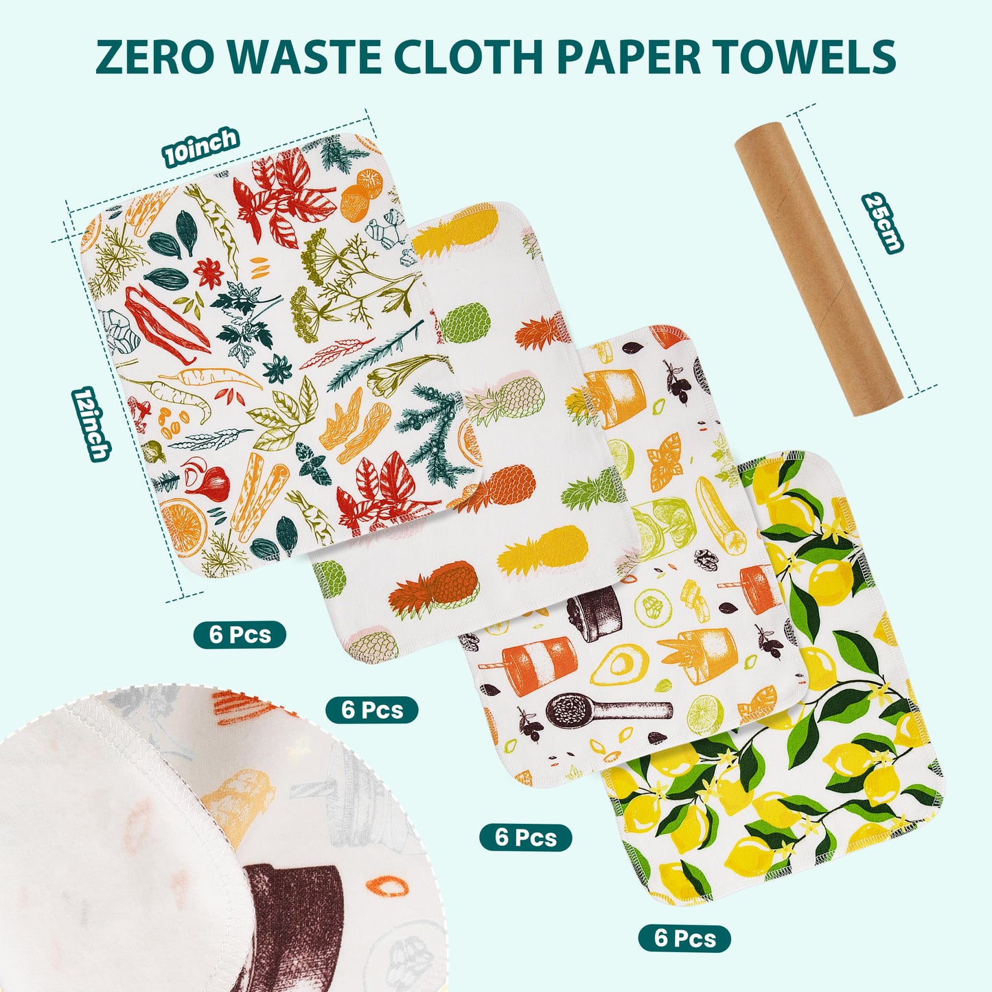 Gecocious Reusable Paper Towels Washable Roll of 24 Paperless Kitchen Cotton Cloth - Super Soft Zero Waste Paper Towel Replacement