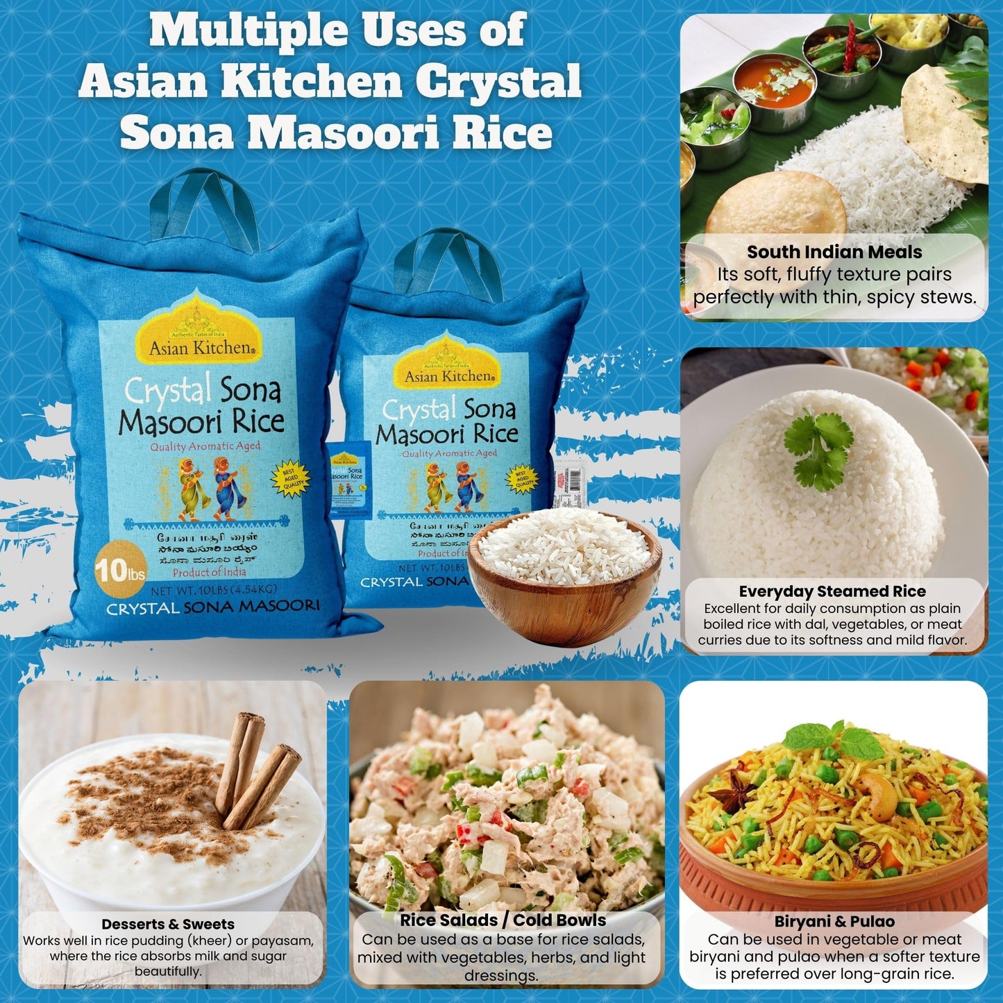 Asian Kitchen Crystal Sona Masoori Aged Rice 10-Pound Bag, 10lbs (4.54kg) Short Grain Rice ~ All Natural | Gluten Friendly | Vegan | Indian Origin |