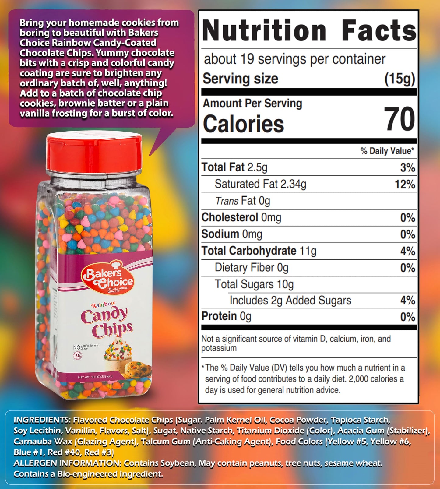 Rainbow Candy Coated Chocolate Chips - Dairy Free, Kosher - 10 oz. - Baker's Choice