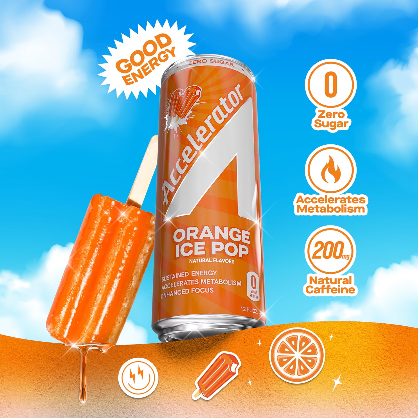 Accelerator Energy Drink, Orange Ice Pop 12oz can (12 pack), Zero Sugar, Sustained Energy from 100% Natural Caffeine (200mg from Green Coffee Bean