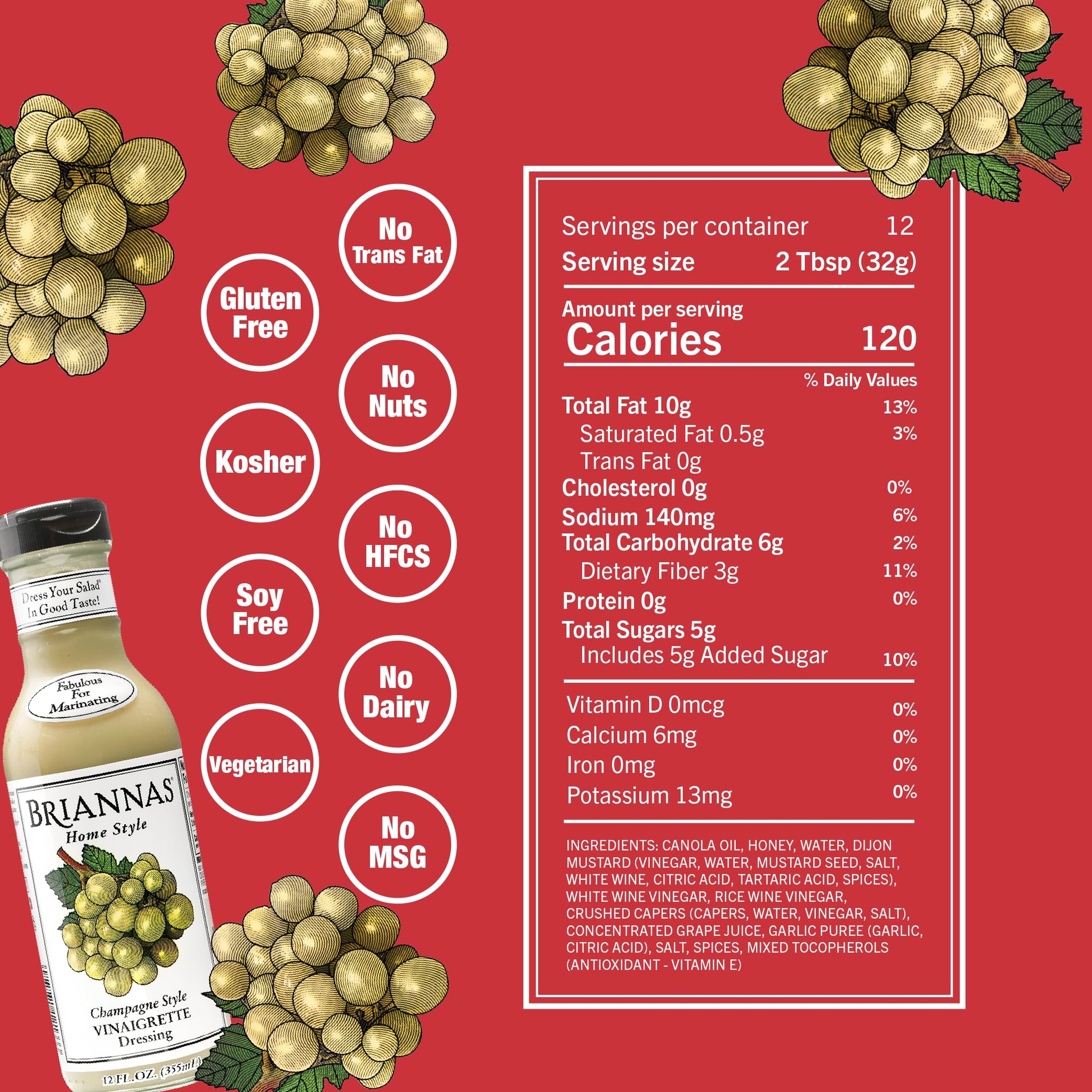 BRIANNAS - Home Style Champagne Vinaigrette Dressing - Fine Salad Dressing made with Premium Ingredients - Gluten Free & Kosher Dressing - 12 oz