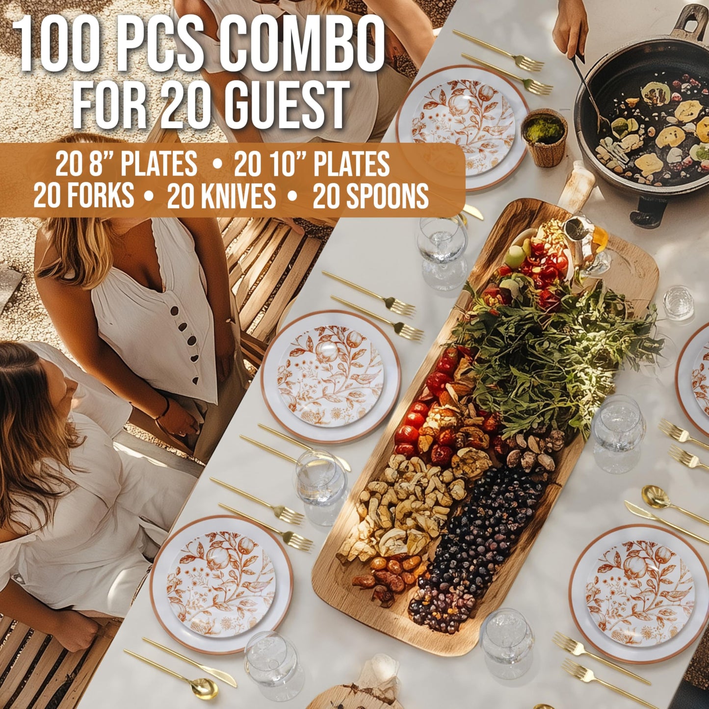 Trendables Fancy Plastic Dinnerware Sets 100 Pc Set 20 Guests Gold Silverware Disposable 20 X 10 Inch Charger Plates 20 X 8 Inch Dessert Plates 20 x