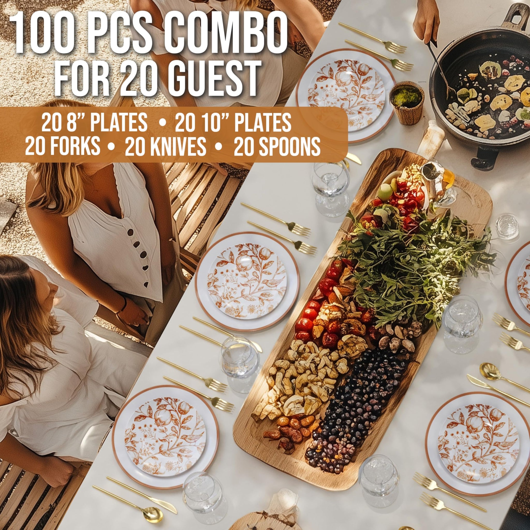 Trendables Fancy Plastic Dinnerware Sets 100 Pc Set 20 Guests Gold Silverware Disposable 20 X 10 Inch Charger Plates 20 X 8 Inch Dessert Plates 20 x