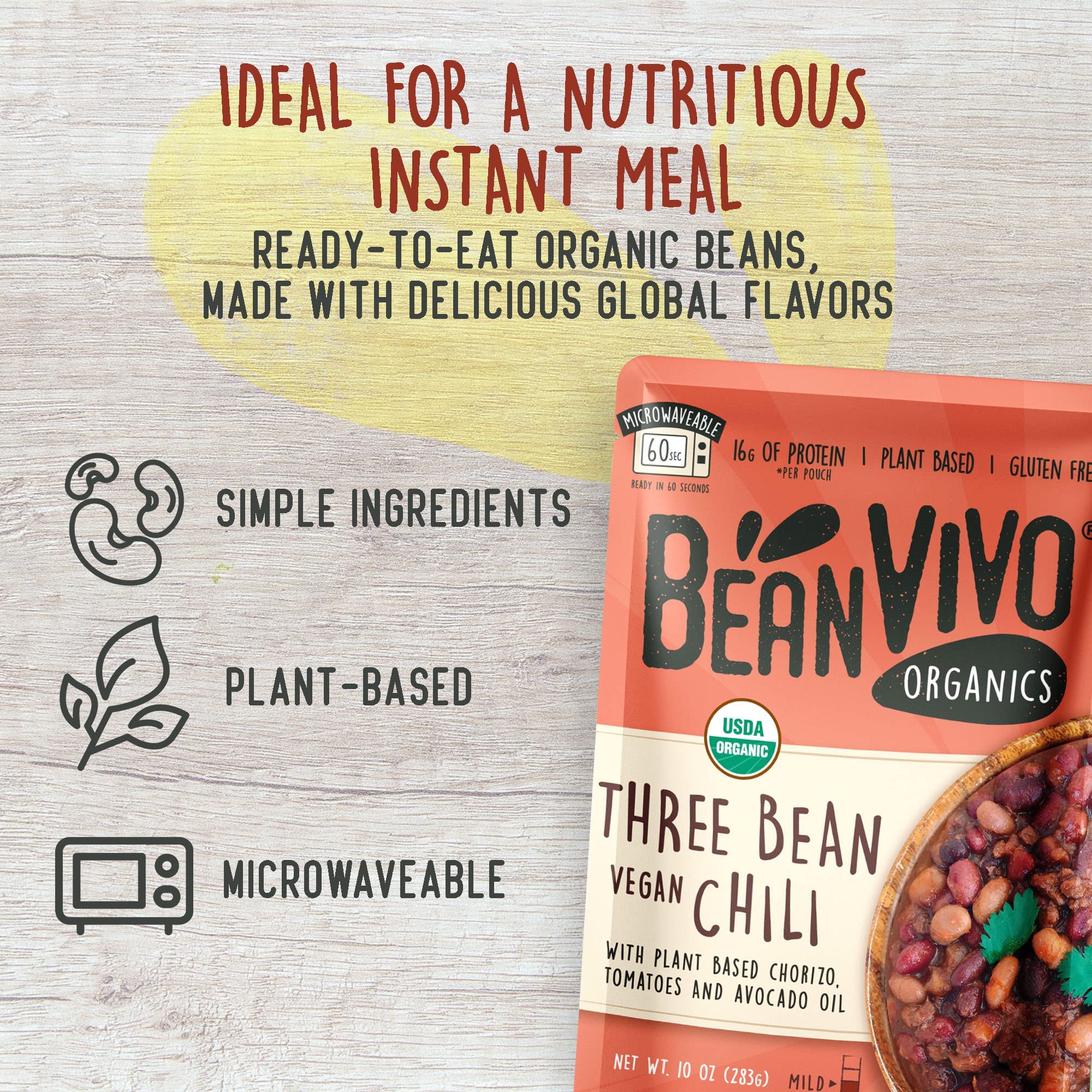 BeanVIVO (Pack of 6) Organics 16g Plant based Protein Three Bean Vegan Chili - Good Source of Fiber - Nutritious & Microwave Meal - Gluten-Free Plant