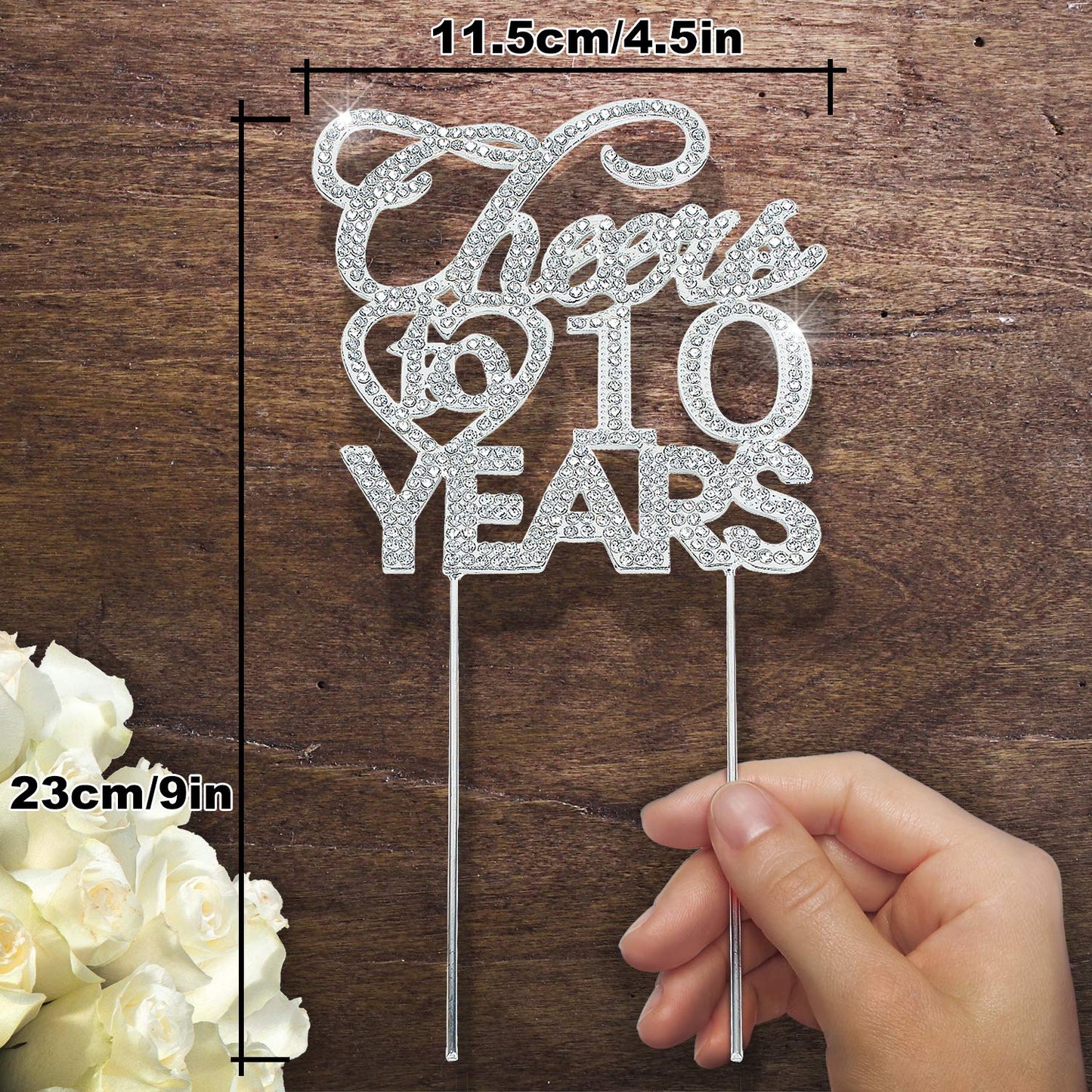 Bling Crystal Cheers To 10 Years Cake Topper - Best Keepsake 10th Birthday Or Anniversary Decor Party Decorations Silver