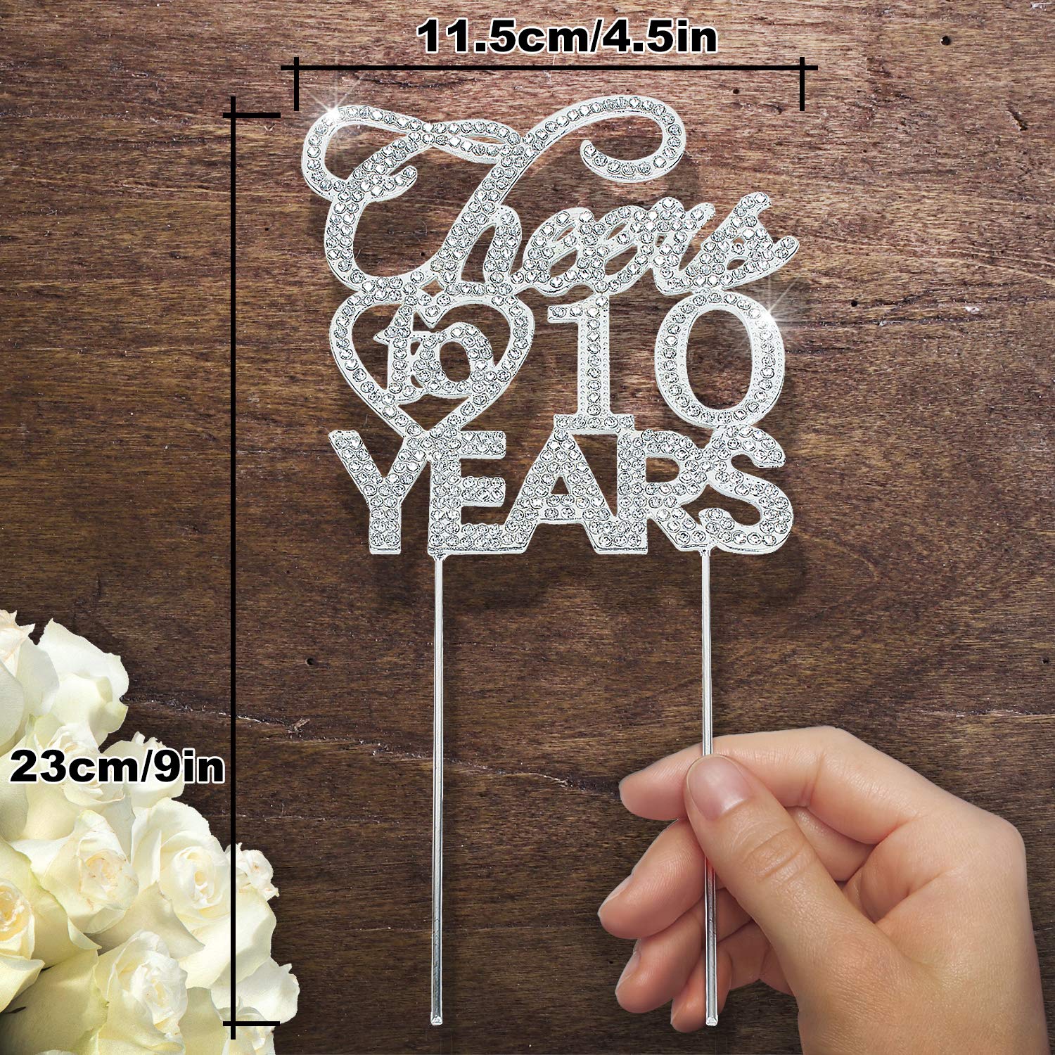 Bling Crystal Cheers To 10 Years Cake Topper - Best Keepsake 10th Birthday Or Anniversary Decor Party Decorations Silver