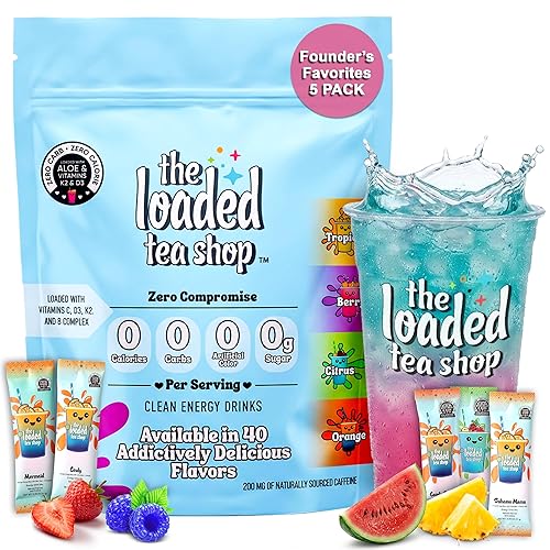 The Loaded Tea Shop Energy Drink Mix Sticks, Founder’s Favorites 5 Pack, Sugar-Free, Zero Calories, 200mg Natural Caffeine, No Artificial
