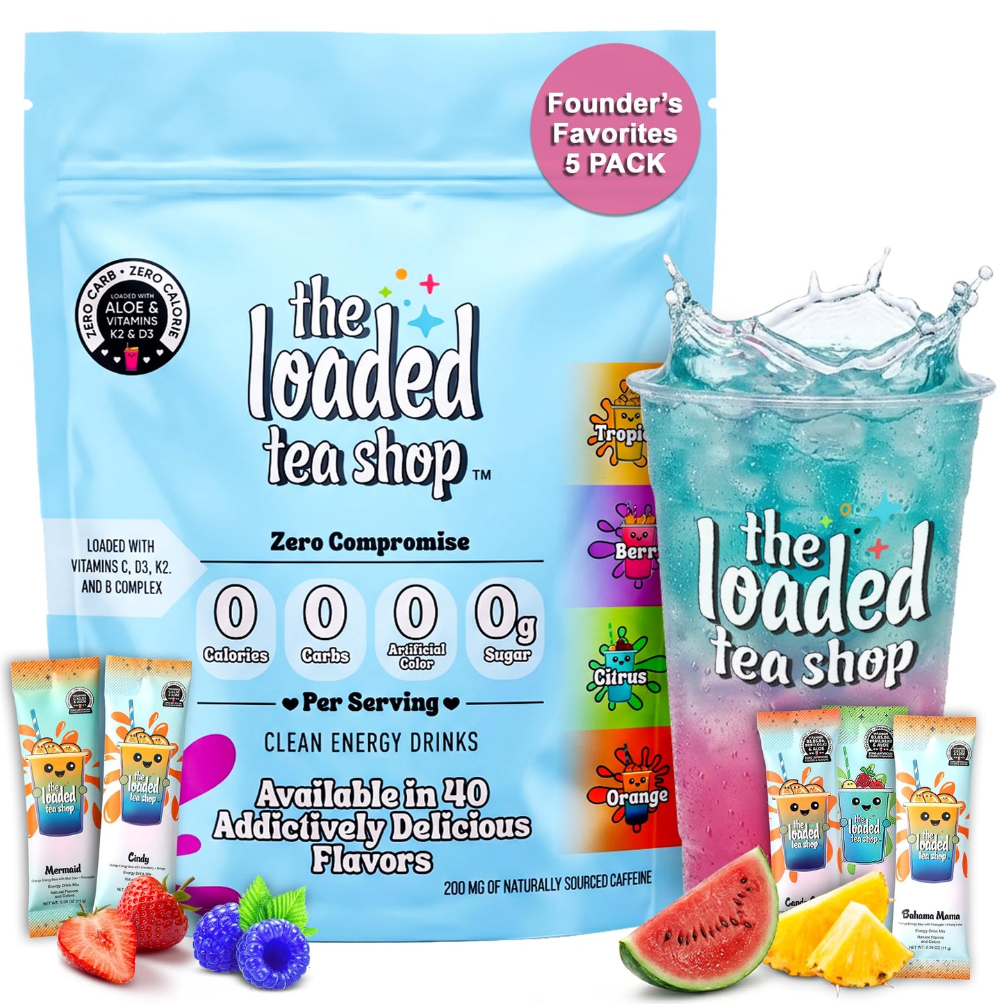 The Loaded Tea Shop Energy Drink Mix Sticks, Founder’s Favorites 5 Pack, Sugar-Free, Zero Calories, 200mg Natural Caffeine, No Artificial