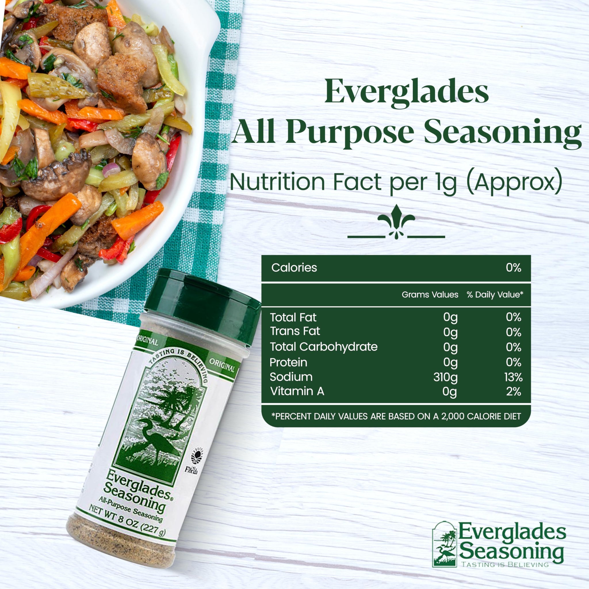 Everglades All Purpose Seasoning 8 oz - Authentic Southern Herb & Spice Blend, All Natural, Sugar Free, Zero Calorie - Seasoning for Chicken, Beef