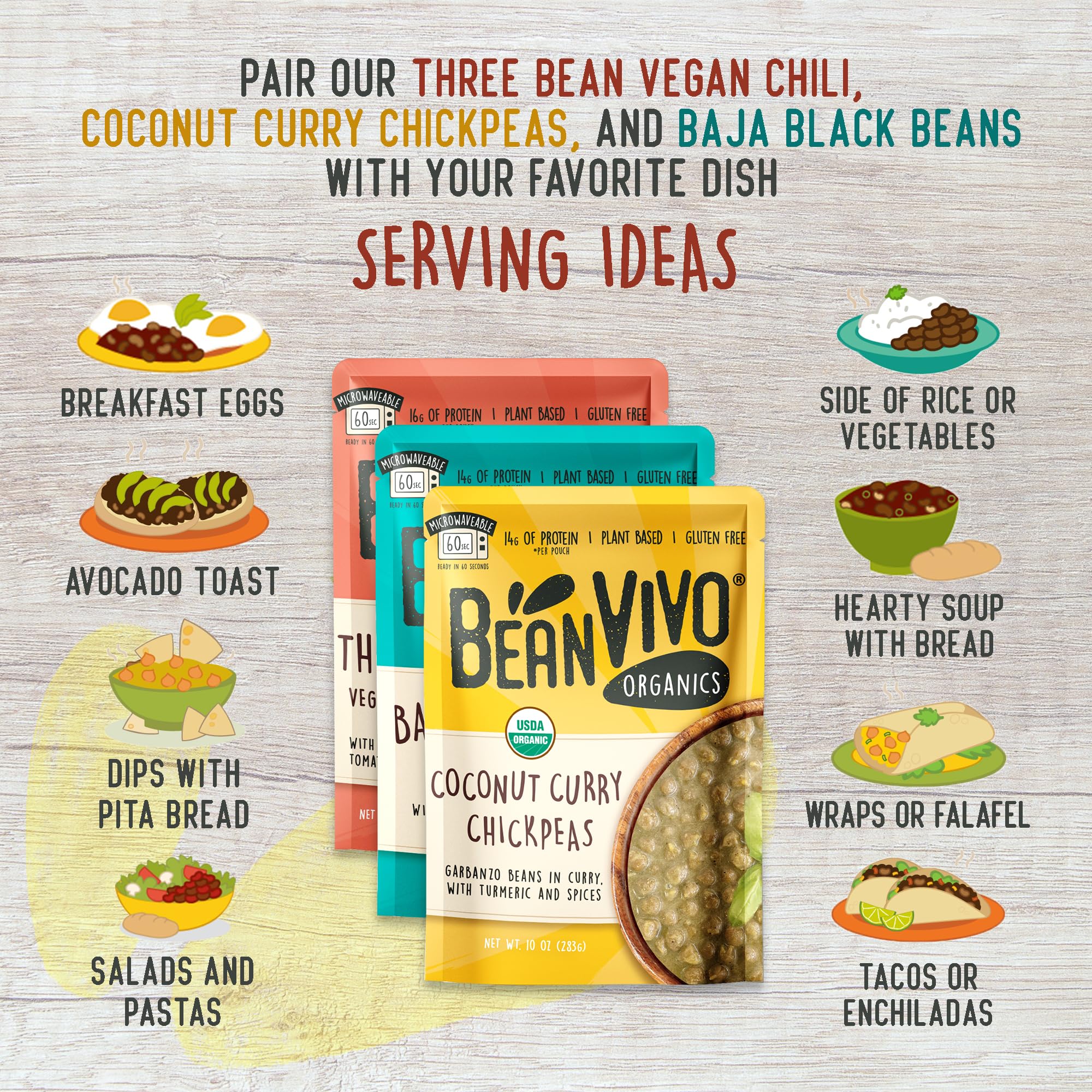 BeanVIVO - Variety 3 Pack (10 oz each) - Organic Baja Black Beans, Three Bean Vegan Chili, Coconut Curry Chickpeas - Seasoned & Ready to Eat, Plant