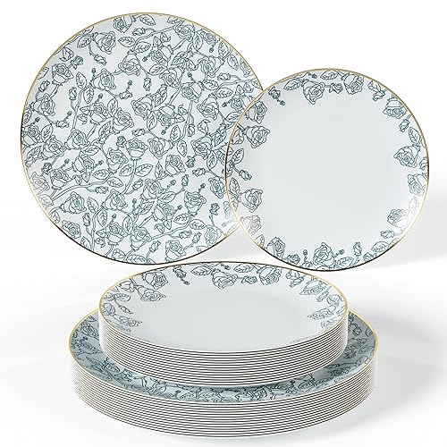 Trendables 40-Piece Plastic Disposable Plates Set For 20 Guests | 8" & 10" Dessert & Dinner Floral Plates | Wedding Ready