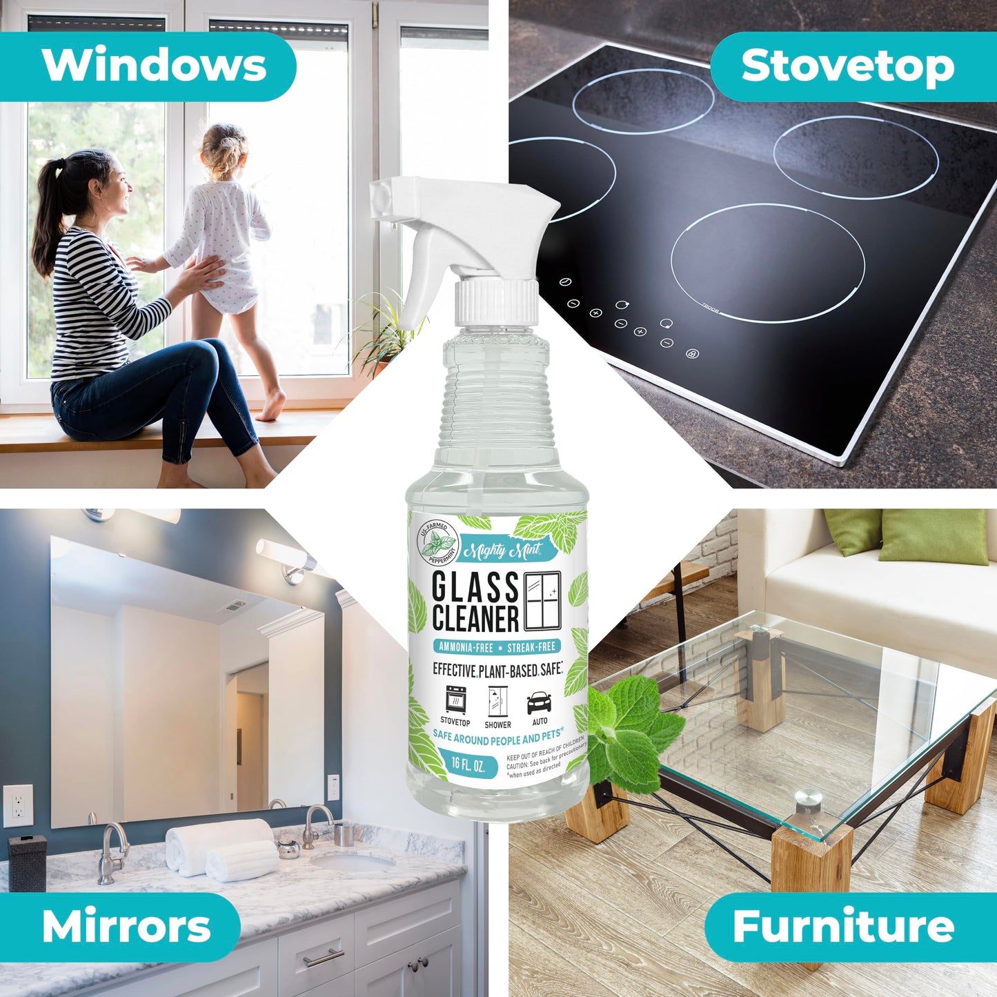 Mighty Mint Glass Cleaner, Ammonia-Free, Streak-Free Spray for Windows, Screens, Stovetop, Bathroom, Natural Peppermint Scent, 16oz
