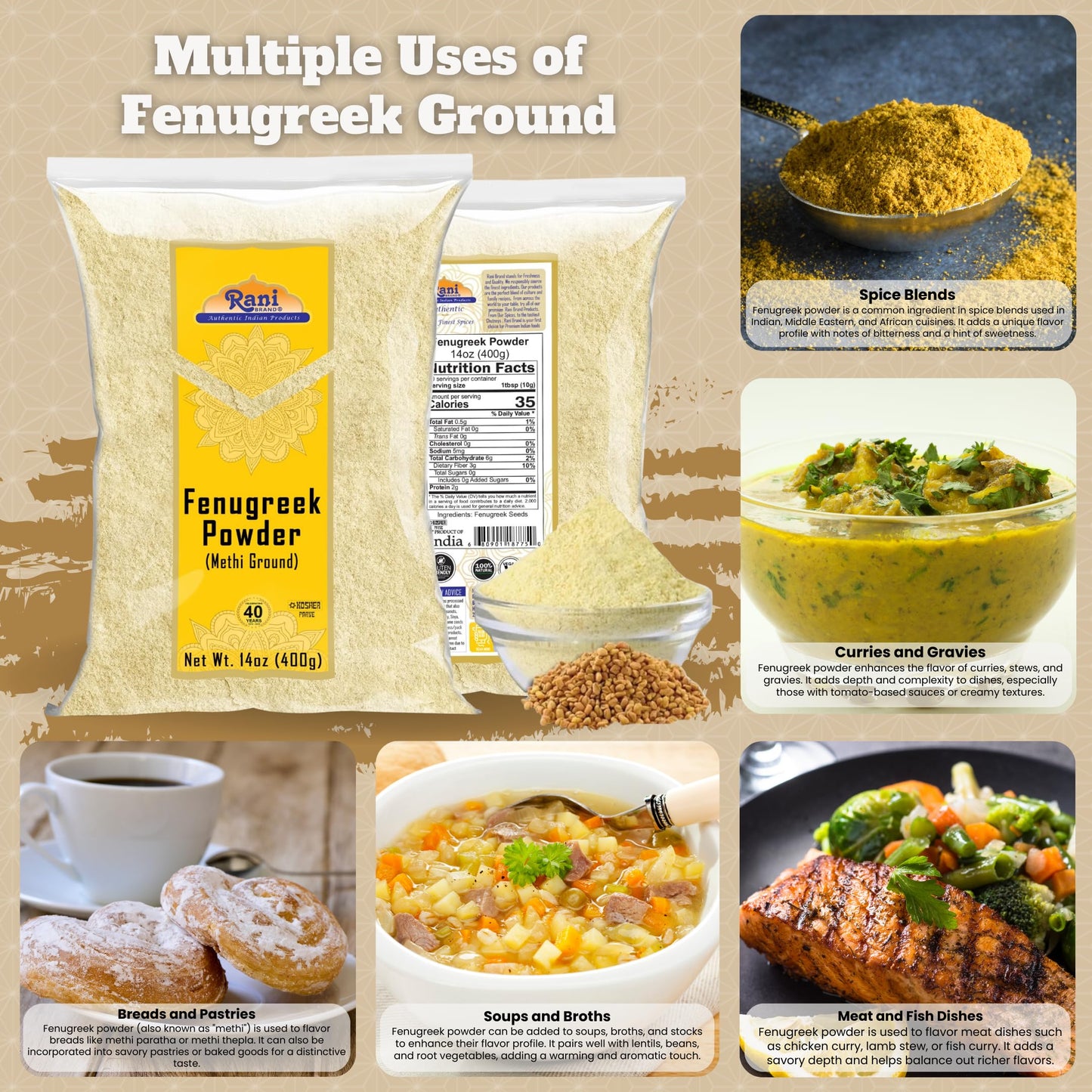 Rani Fenugreek (Methi) Seeds Ground Powder 14oz (400g) Trigonella foenum graecum ~ All Natural | Vegan | Gluten Friendly | Non-GMO | Kosher | Indian
