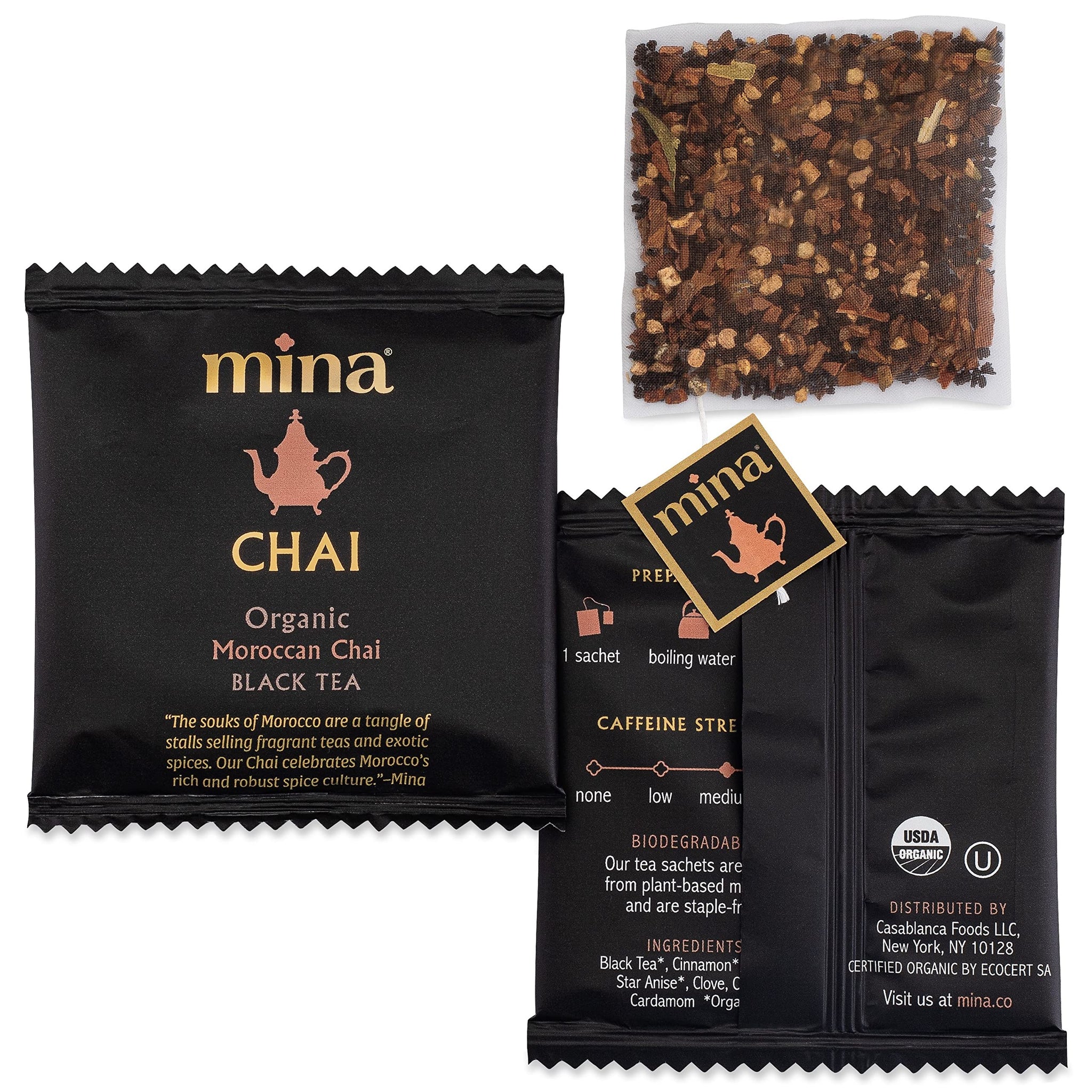 Mina Moroccan Chai, Organic Black Tea Bags, Organic Chai Tea with Cinnamon, Ginger Star Anise, Clove & Cardamom, Chai Latte Hot or Iced, Healthy