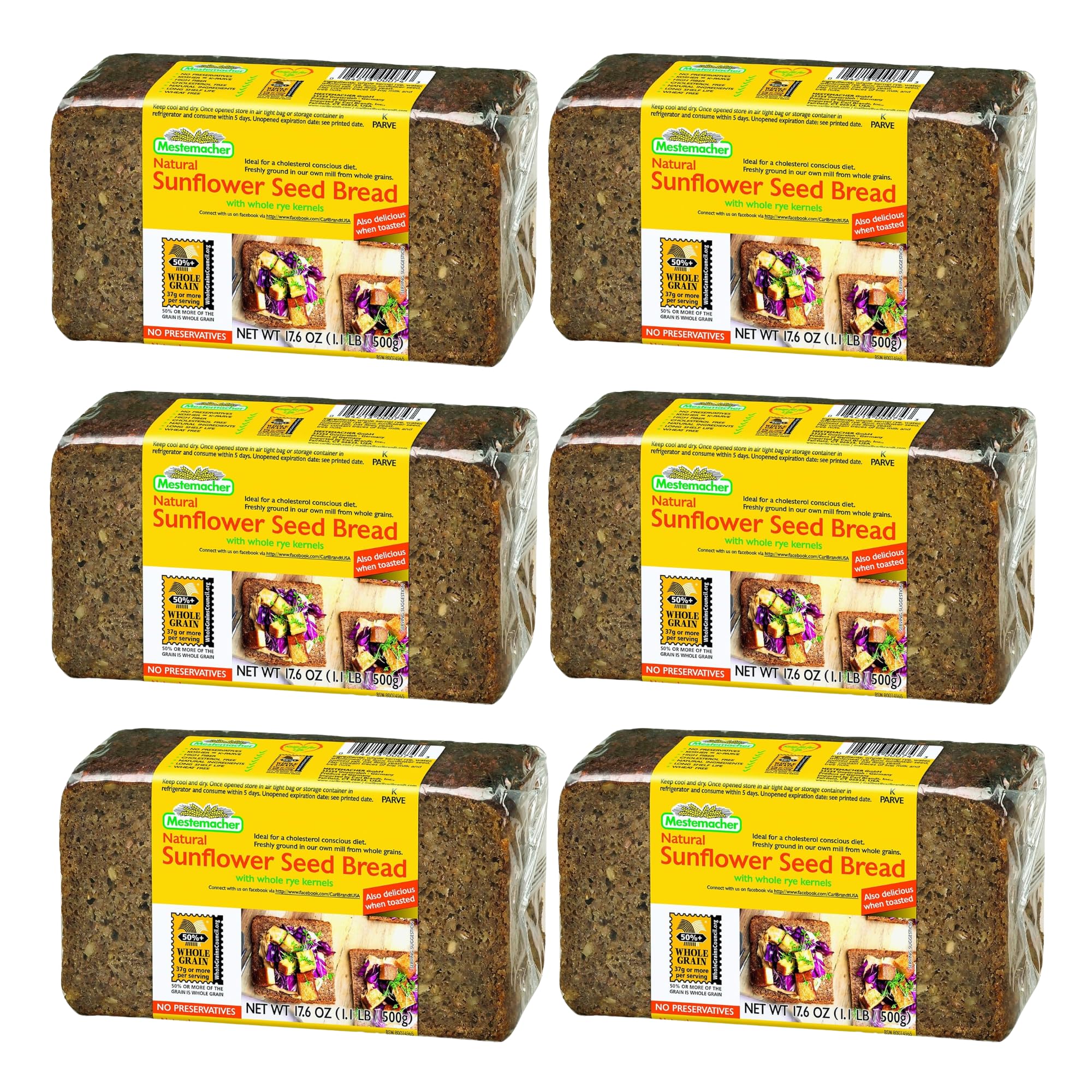 Mestemacher Natural Sunflower Seed Bread, 17.6 oz, German Whole Grain Bread with Sunflower Seeds,High Fiber, Non-GMO, Ready to Eat, Long Shelf Life