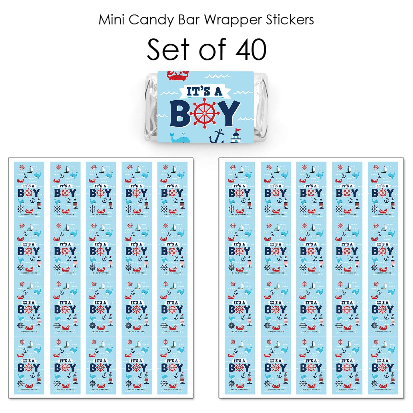 Big Dot of Happiness Ahoy It’s a Boy - Mini Candy Bar Wrapper Stickers - Nautical Baby Shower Small Favors - 40 Count