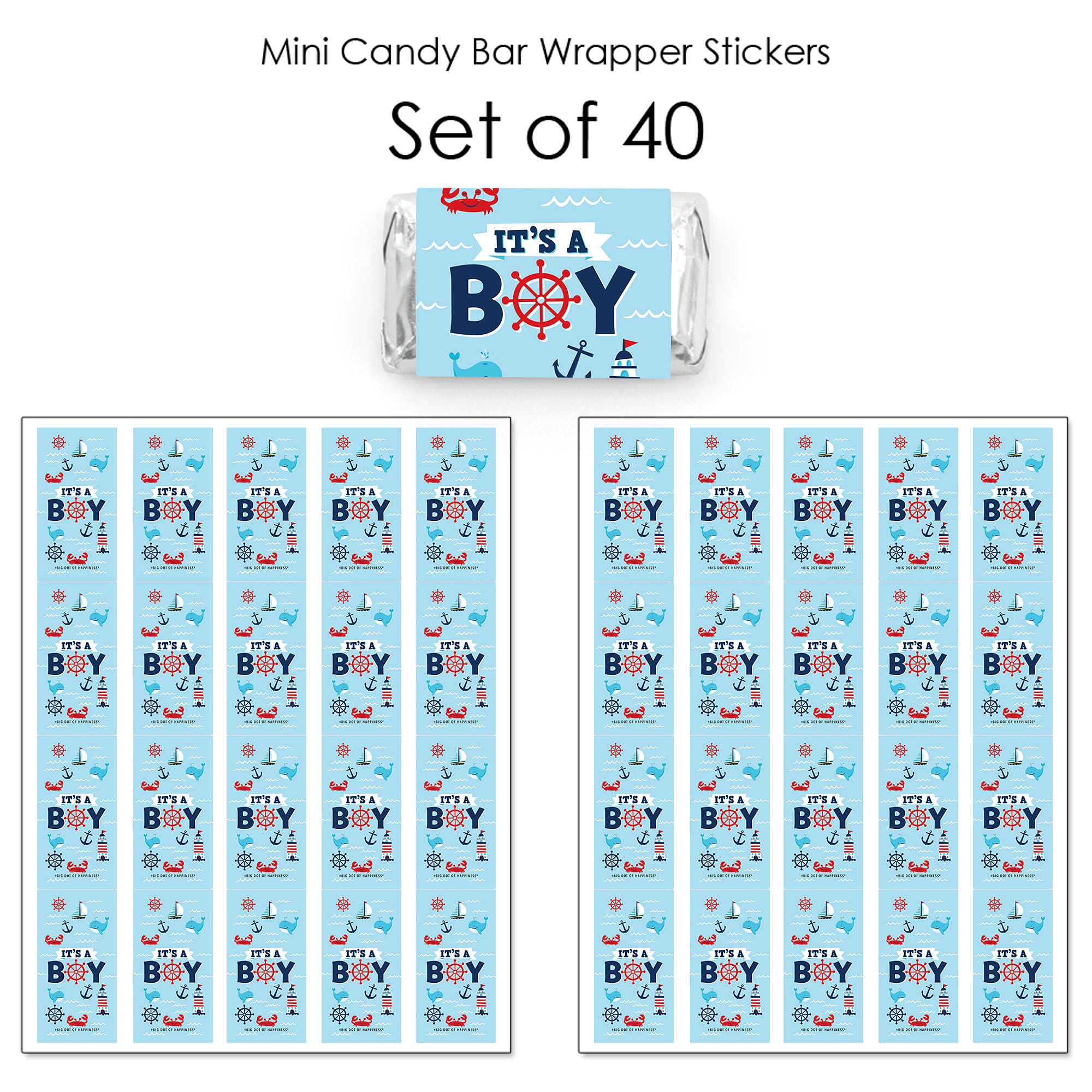 Big Dot of Happiness Ahoy It’s a Boy - Mini Candy Bar Wrapper Stickers - Nautical Baby Shower Small Favors - 40 Count