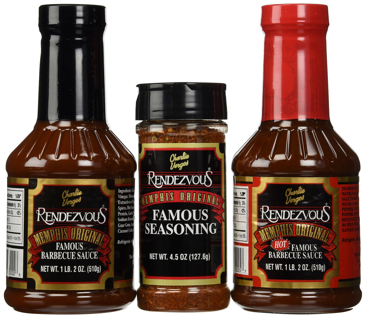 Charlie Vergos Rendezvous (Memphis) BBQ Sampler Bundle -- Hot BBQ Sauce, Original BBQ Sauce & Seasoning Rub