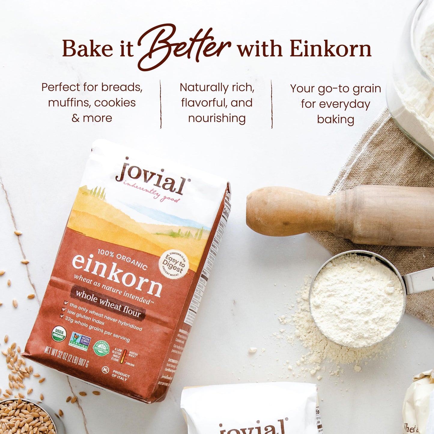 Jovial Organic Einkorn Whole Wheat Flour - Bread Baking Flour for Sourdough, High Protein, Non-GMO, Organic Pizza & Pasta Flour, European Italian