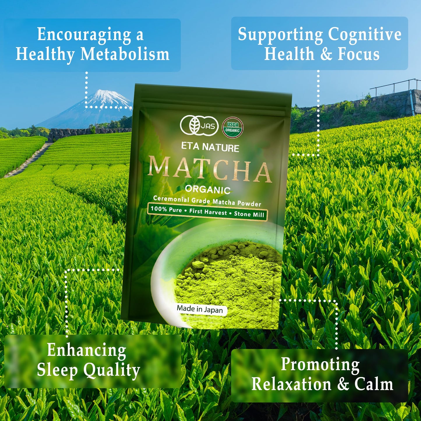 ETANATURE Premium Ceremonial Grade Matcha Powder - Matcha Green Tea Powder for Metabolism, Brain and Sleep - JAS Certified Matcha Grade from Japan