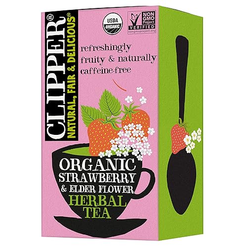 Clipper Tea, Strawberry and Elderflower, Organic, Plant-Based, Caffeine-Free, Great Over Ice, 1 Pack, 20 Unbleached Tea Bags
