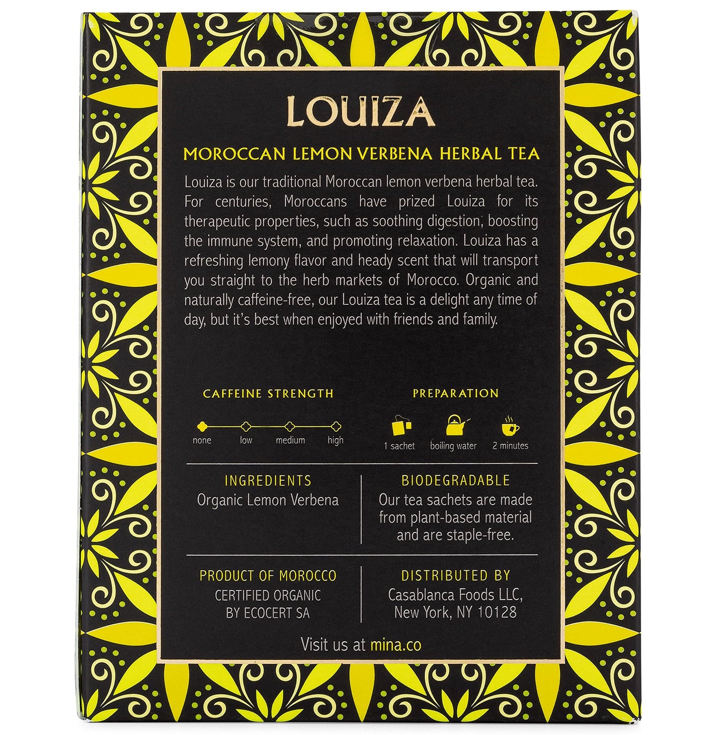 Mina Louiza, Organic Moroccan Lemon Verbena Tea, Organic Herbal Tea Bags, 15 Biodegradable Sachets, Refreshing Lemon Tea, Caffeine Free, Moroccan