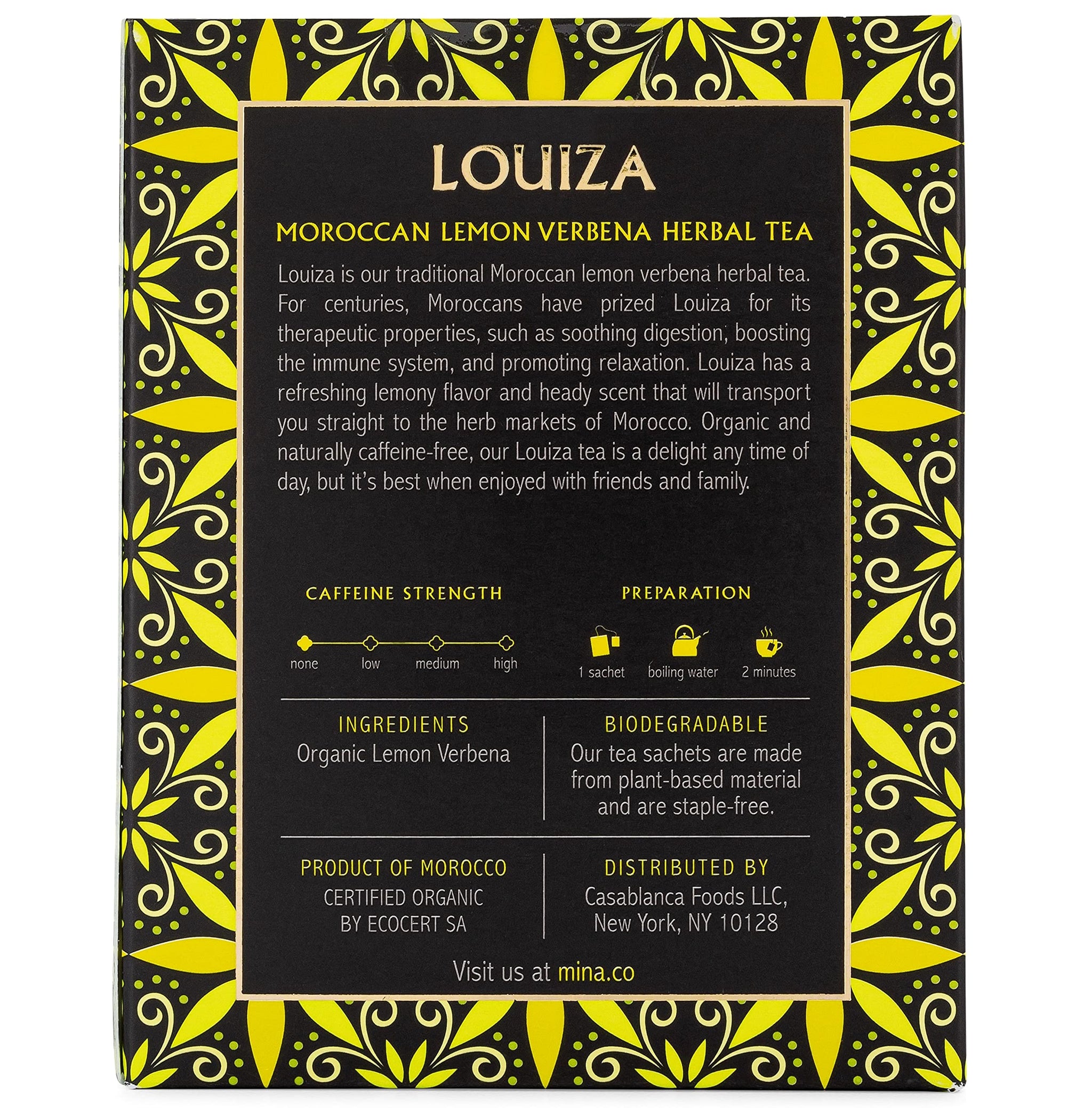 Mina Louiza, Organic Moroccan Lemon Verbena Tea, Organic Herbal Tea Bags, 15 Biodegradable Sachets, Refreshing Lemon Tea, Caffeine Free, Moroccan