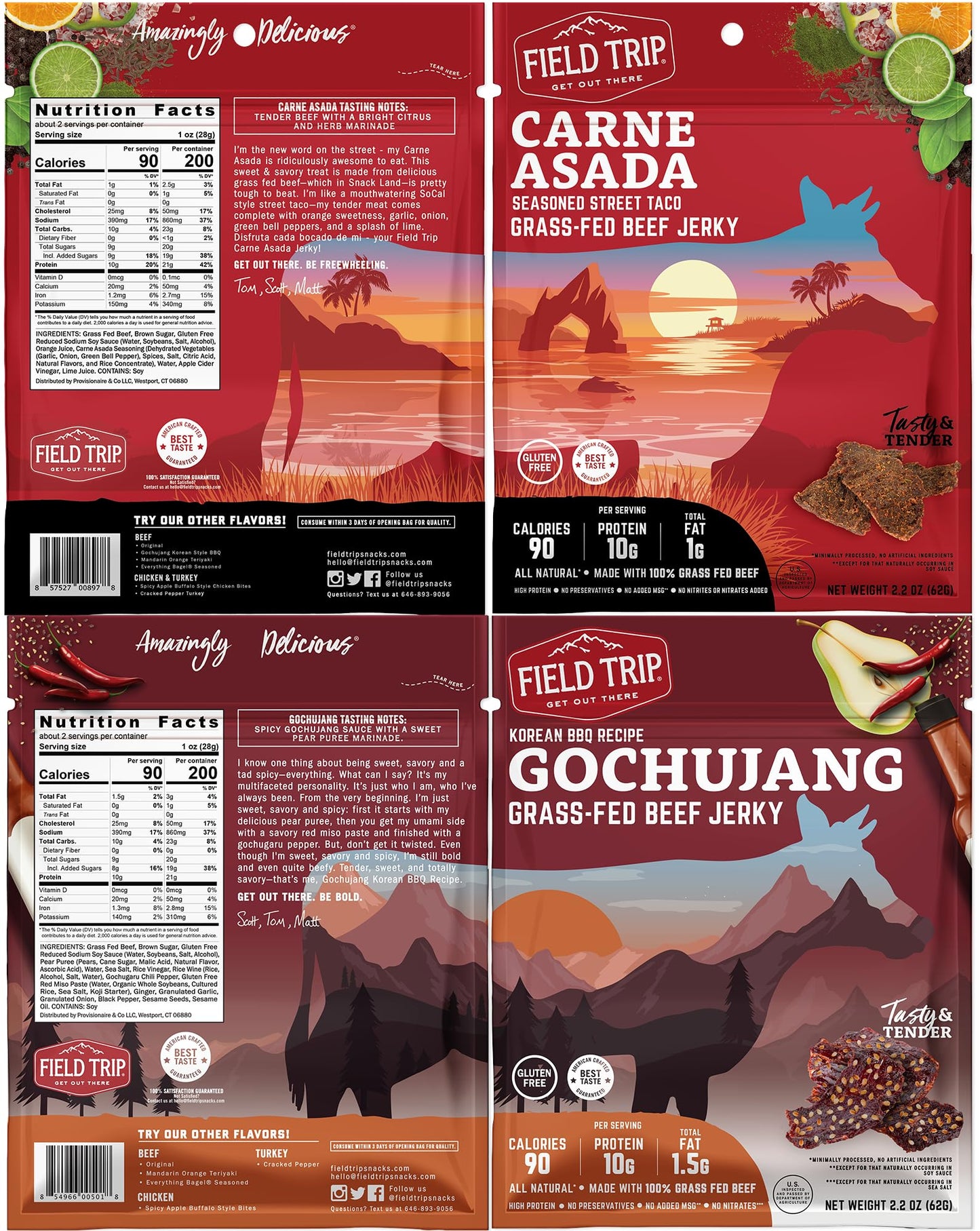 Field Trip Grass Fed Beef Jerky Variety Pack, Healthy Gluten Free Snacks, All Natural, Paleo-Friendly Meat Snacks with No Nitrates, Low Carb, High