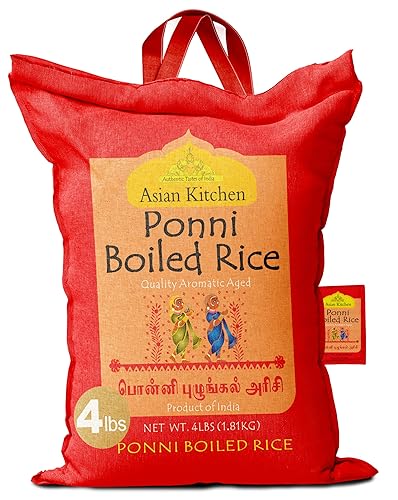 Asian Kitchen Ponni Boiled Rice 4-Pound Bag, 4lbs (1.81kg) Short Grain Par Boiled Rice ~ All Natural | Gluten Friendly | Vegan | Indian Origin |