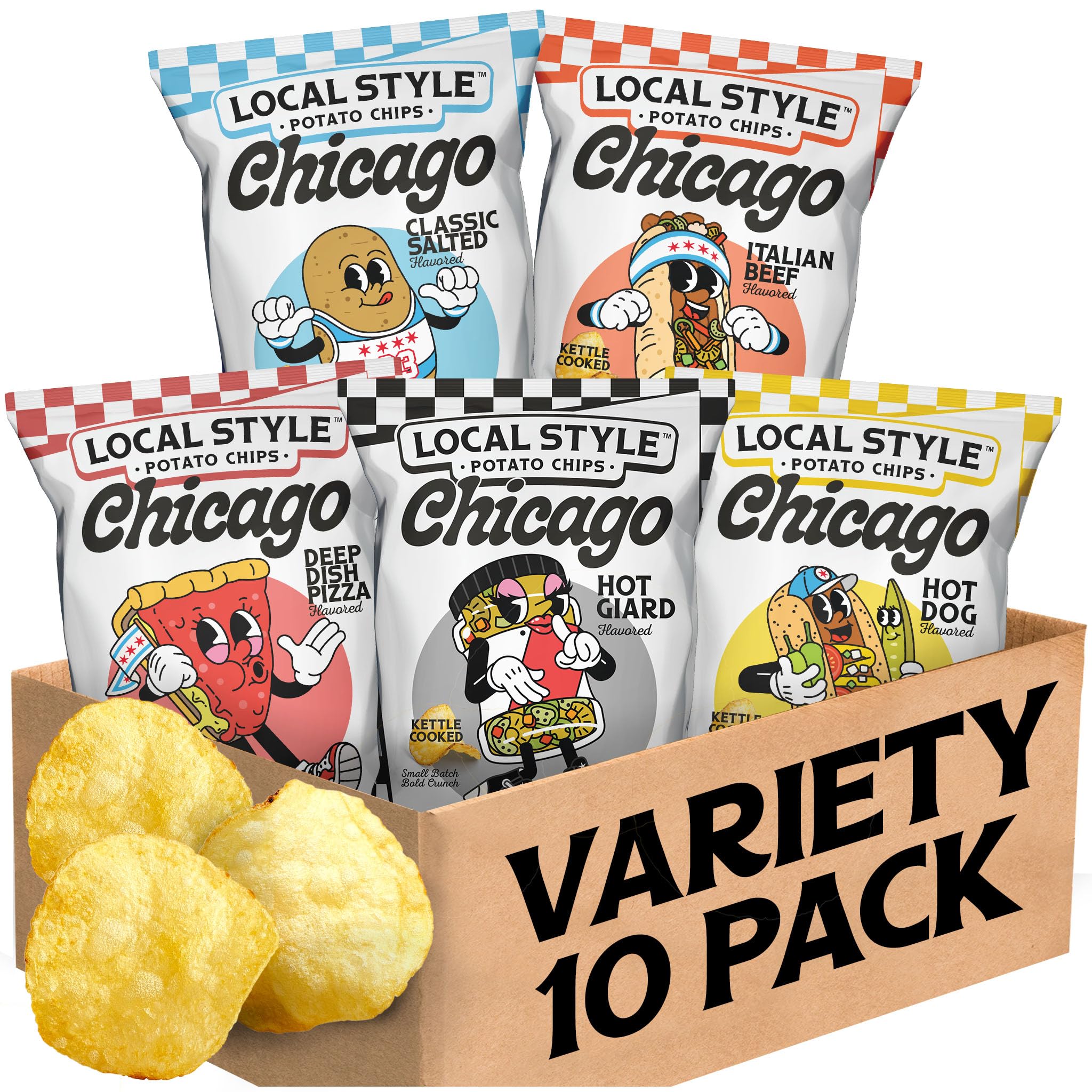 Local Style Potato Chips, Variety Pack (5 Chicago Flavors) - Kettle Cooked & Small Batch - Meat-Free, Gluten-Free, No Artificial Ingredients - 1.5oz