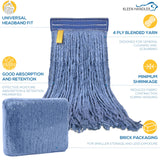 Pack of 3 Cut End Blended Mop Head Replacement, 1.25-inch Universal Headband, Wet Mop Refills, Blue, 16 Oz