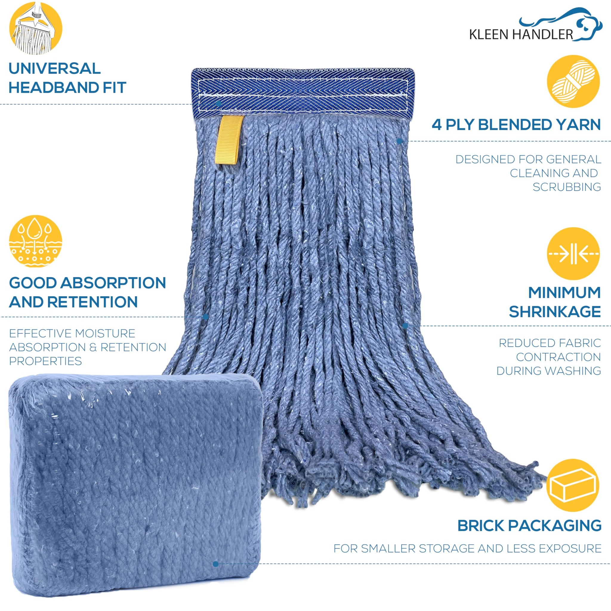 Pack of 3 Cut End Blended Mop Head Replacement, 1.25-inch Universal Headband, Wet Mop Refills, Blue, 16 Oz