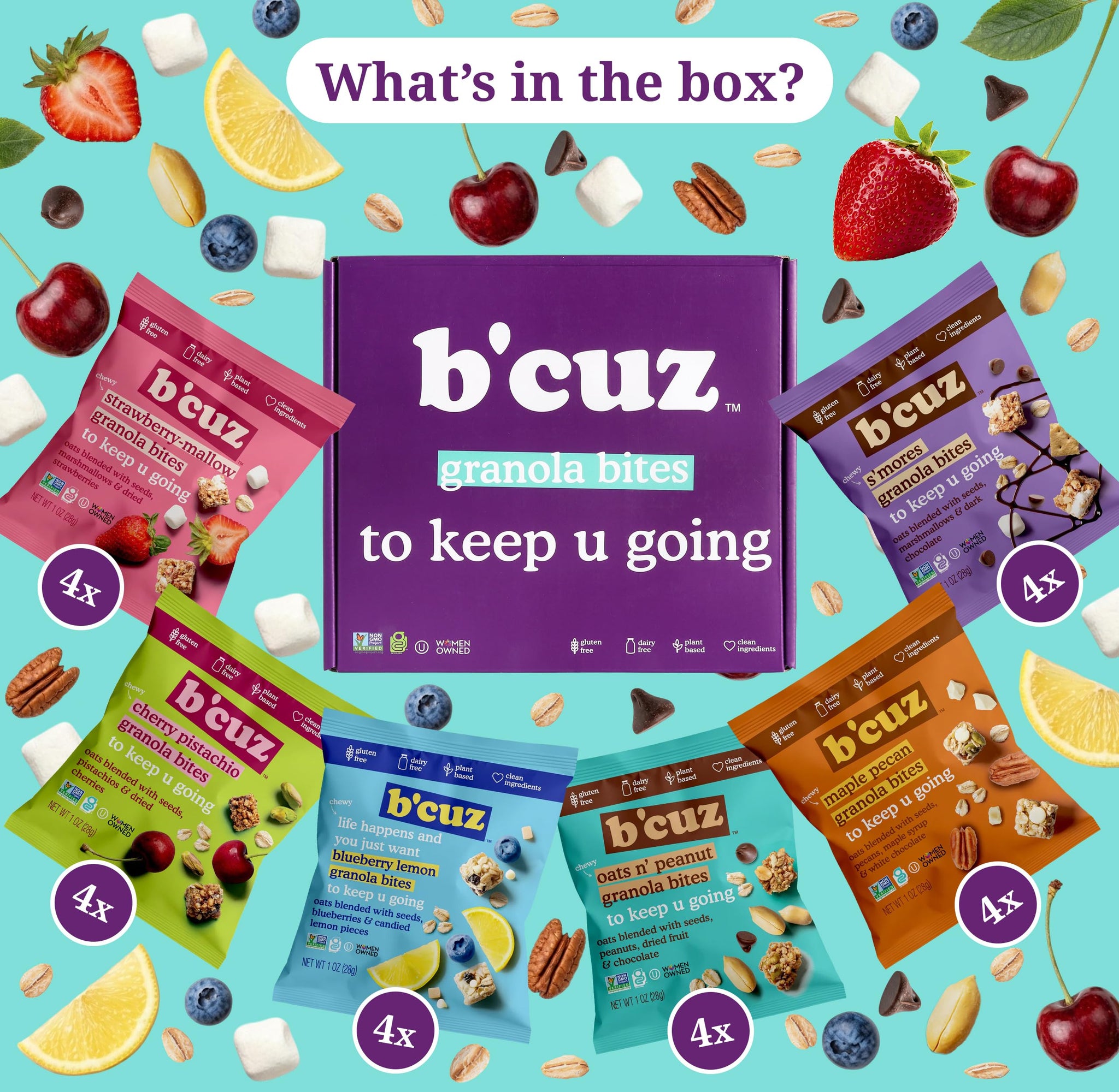 B’cuz Granola Bites Variety Pack, 6 Flavors, Gluten Free, Dairy Free, Vegan & Kosher Snacks, On-the-Go Breakfast Snack Packs for Kids & Adults, 1 oz