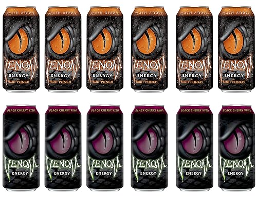 LUV-BOX Variety VENOM ENERGY DRINK pack , pack of 12 , 16 fl oz ,DEATH ADDER ENERGY DRINK , BLACK CHERRY KIWI ENERGY DRINK