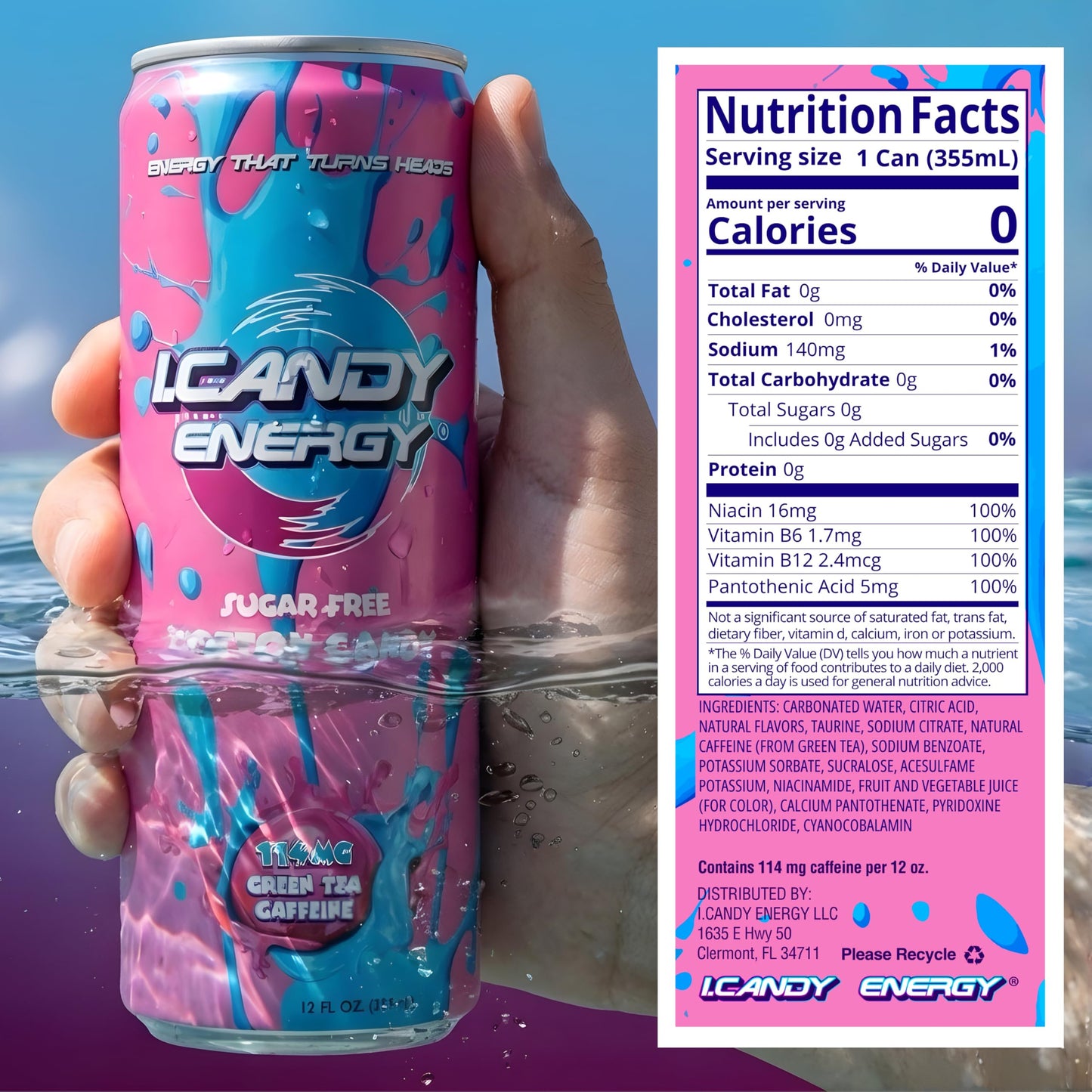 I.CANDY Energy Drink Cotton Candy, Zero Sugar Zero Calorie, 114mg Natural Caffeine from Green Tea, B3 B6 B12 Vitamins, No Crash Pink Energy Drink - 4