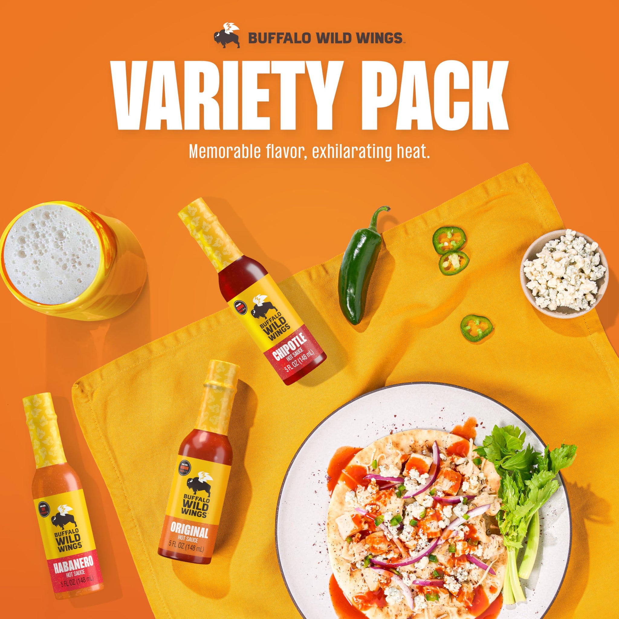 Buffalo Wild Wings Hot Sauce Gift Pack, Includes Classic, Habanero, and Chipotle Hot Sauces, 5 fl oz Bottles, Marinade, and Seasoning for Chicken