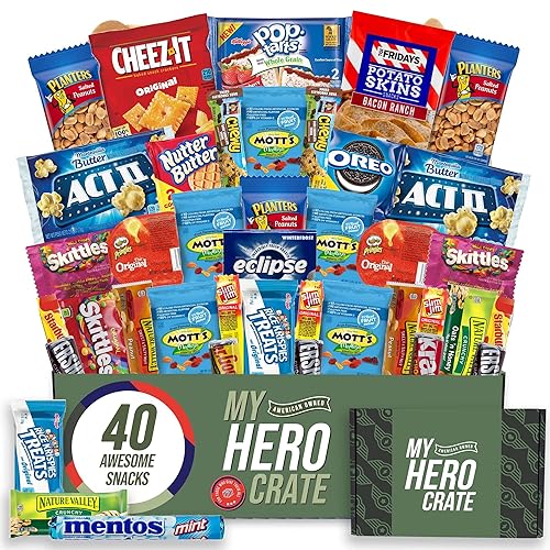 Military Snack Box (40 Piece Variety Gift Basket Care Package) Peanuts, Candy, Chips, Granola Bars & More - My Hero Crate