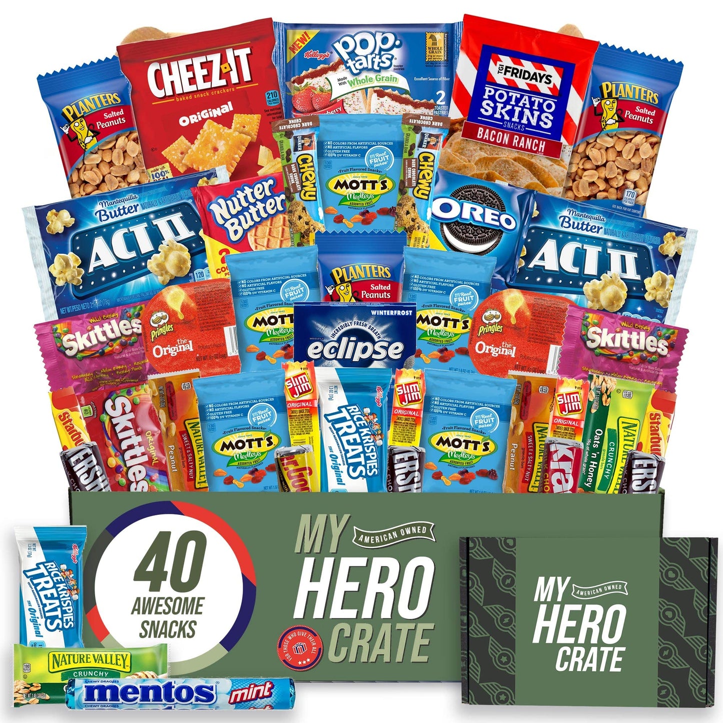 Military Snack Box (40 Piece Variety Gift Basket Care Package) Peanuts, Candy, Chips, Granola Bars & More - My Hero Crate