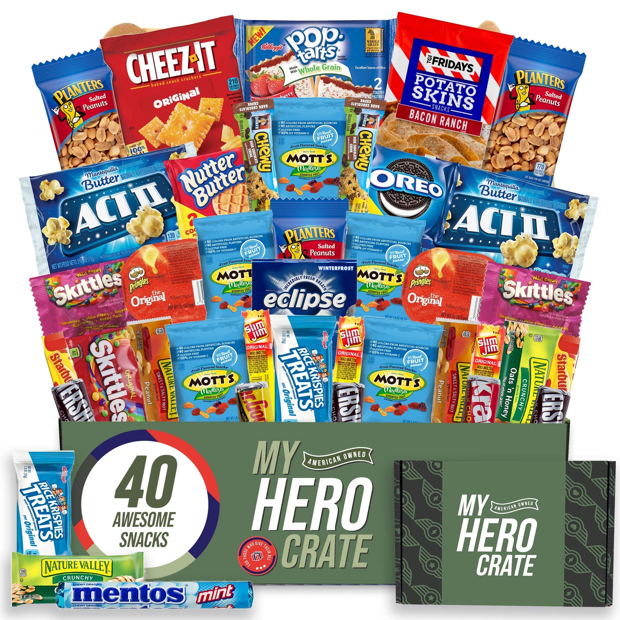 Military Snack Box (40 Piece Variety Gift Basket Care Package) Peanuts, Candy, Chips, Granola Bars & More - My Hero Crate