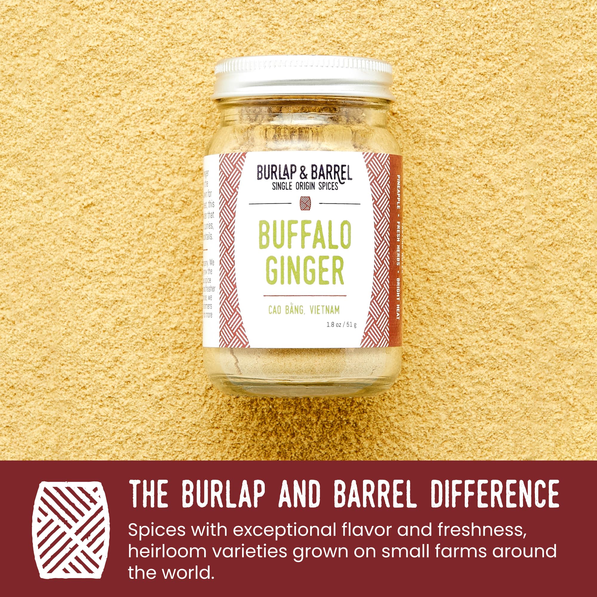 Burlap & Barrel Buffalo Ginger - Spicy, Fruity and Intense Heirloom Ginger Powder with a Bite - Add to Stir Fries, Soups, and Teas - 1.8oz Glass Jar
