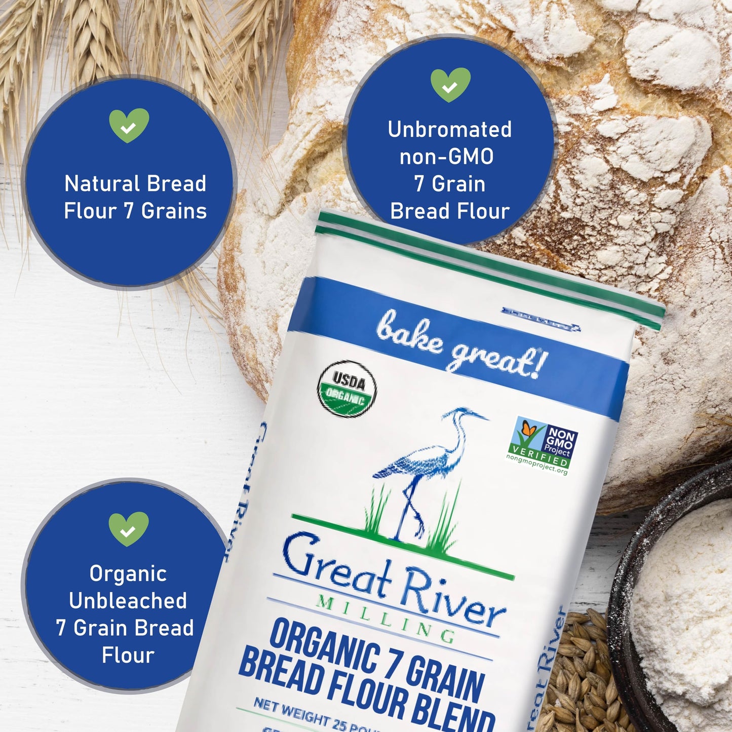 Great River Milling Organic 7 Grain Blend Bread Flour | Unbromated & Unbleached Flour | Non-GMO, Kosher | Stone Ground for Baking, Bread, Muffins