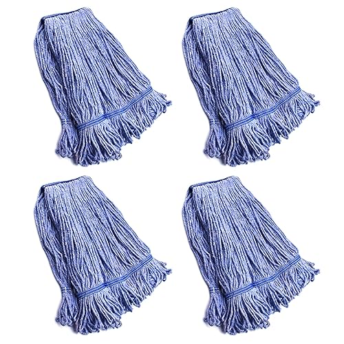 String Mop Heads Replacement Heavy Duty Commercial Grade Blue Cotton Looped End Wet Industrial Cleaning Mop Head Refills (4, Medium)